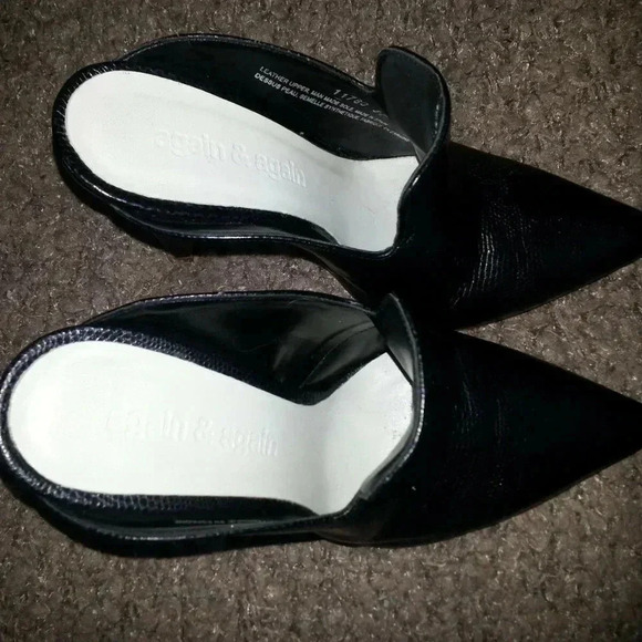 AGAIN&AGAIN-Stiletto Mules-Black Leather-Snakeskin - Picture 6 of 7